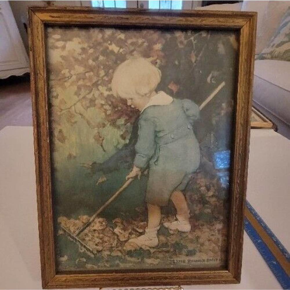 Vintage Raking leaves by Jessie Willcox Smith Print In Original Frame